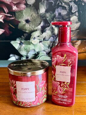 NEW 2-Pc POPPY 3-Wick Candle & Gel Hand Soap Bath & Body Works